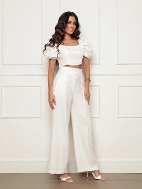 Conjunto Calça Perna Larga E Cropped Gola U Com Manga Bufante Fernanda Branco / P