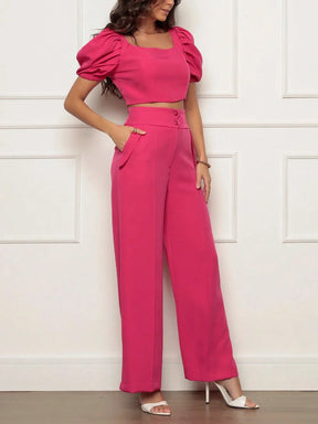 Conjunto Calça Perna Larga E Cropped Gola U Com Manga Bufante Fernanda