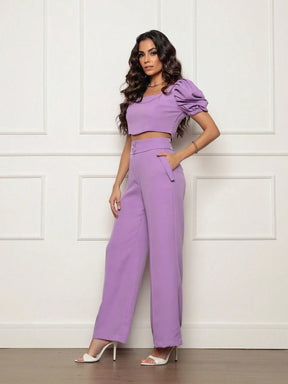 Conjunto Calça Perna Larga E Cropped Gola U Com Manga Bufante Fernanda