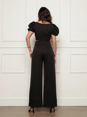 Conjunto Calça Perna Larga E Cropped Gola U Com Manga Bufante Fernanda