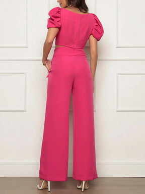 Conjunto Calça Perna Larga E Cropped Gola U Com Manga Bufante Fernanda