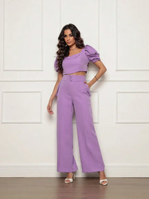 Conjunto Calça Perna Larga E Cropped Gola U Com Manga Bufante Fernanda Lavanda / P