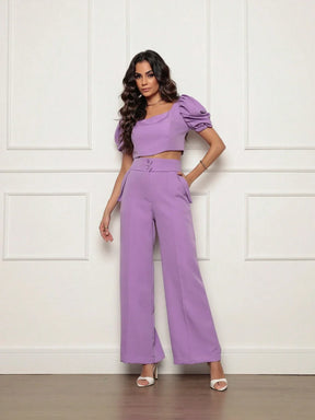 Conjunto Calça Perna Larga E Cropped Gola U Com Manga Bufante Fernanda Lavanda / P