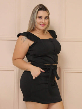 Conjunto Blusa Sem Manga Com Babado E Short Saia Cinto De Amarração Monique