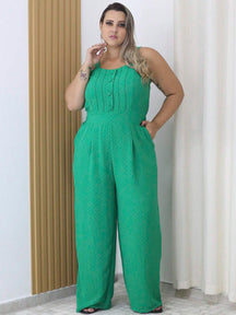 Macacão Pantalona Alça Grossa Com Botões Plus Size Mariane Verde Menta / G1