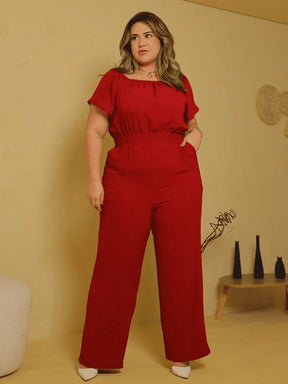 Macacão Perna Longa Com Gola Ombro Á Plus Size Kelly Marsala / M