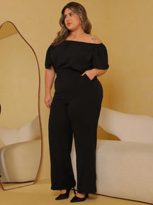 Macacão Perna Longa Com Gola Ombro Á Plus Size Kelly Preto / M
