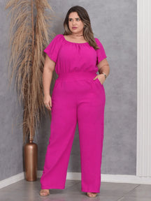 Macacão Perna Longa Com Gola Ombro Á Plus Size Kelly Fúcsia / M