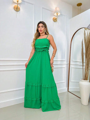 Vestido Longo Franzido Com Babado Isabela