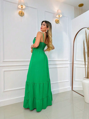 Vestido Longo Franzido Com Babado Isabela