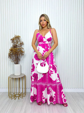 Vestido Longo Florido Alça Fina Elisa Pink / P