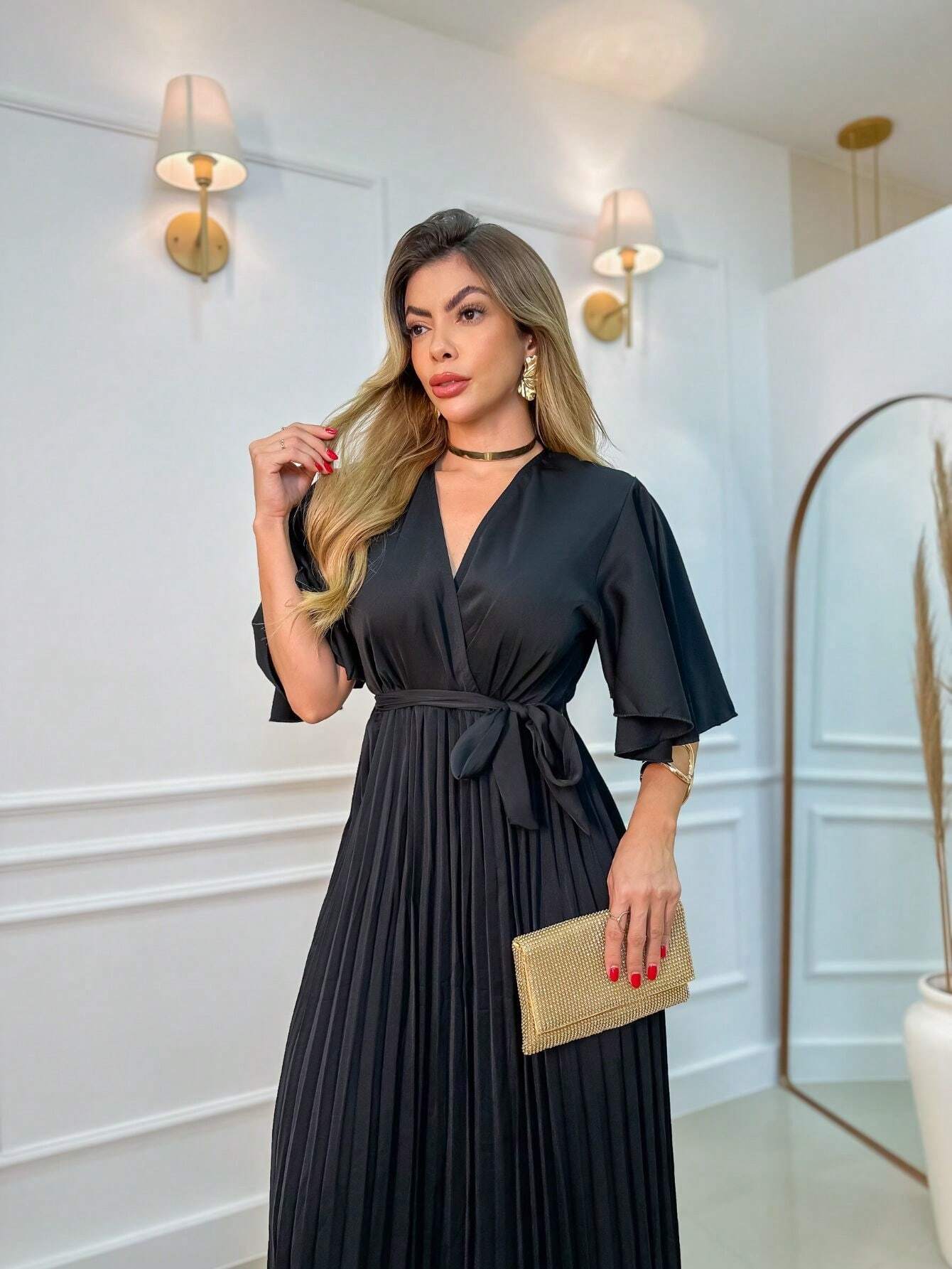 Vestido Com Manga Esvoaçante Plissado Maria