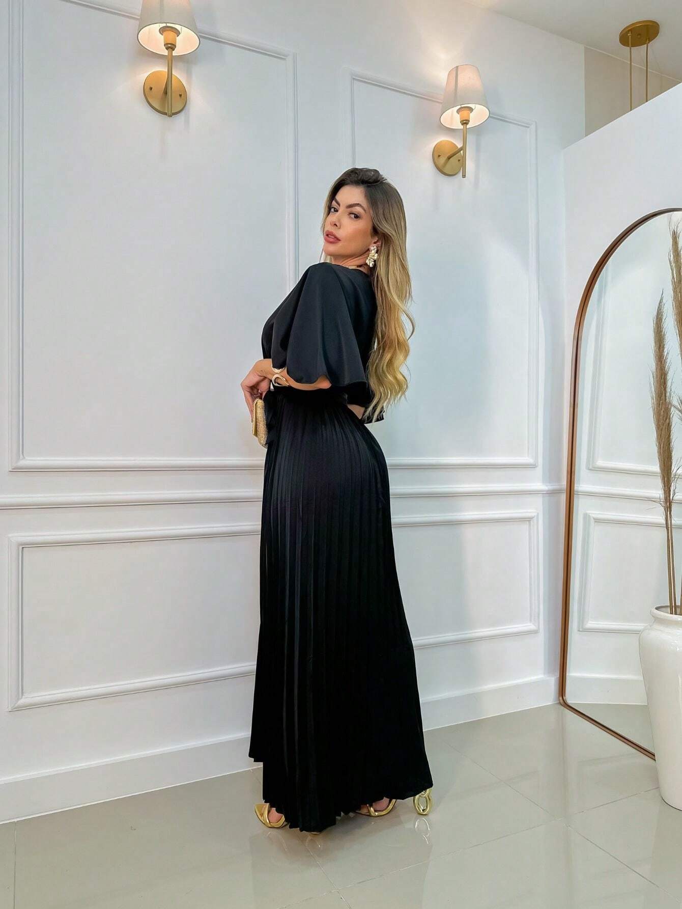 Vestido Com Manga Esvoaçante Plissado Maria