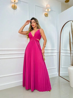 Vestido Alça Fina Plissado Helena Fúcsia / P