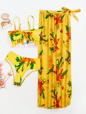 Conjunto De 3 Peças Biquíni Com Babado e Saia Com Detalhe De Amarração Geisa