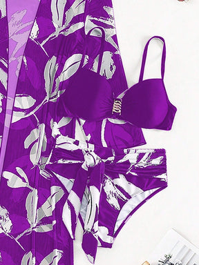 Conjunto De 3 Peças Biquíni Com Amarração E Quimono Estampado Lourdes