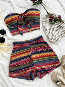 Conjunto Casual 2 Peças - Top Bandeau e Shorts Cintura Alta