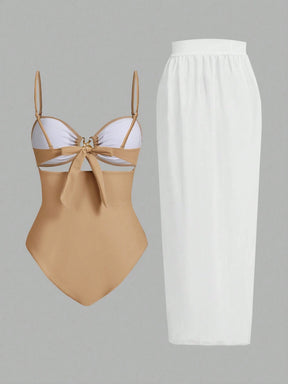 Conjunto De 3 Peças Maiô Com Decote Vazado E Saia Com Detalhe De Amarração Zuleica