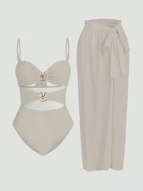 Conjunto De 3 Peças Maiô Com Decote Vazado E Saia Com Detalhe De Amarração Zuleica