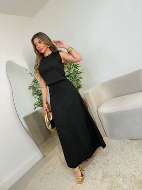 Conjunto Blusa Sem Manga E Saia Longa Com Cinto Renata