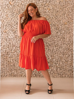 Vestido Curto Acinturado Manga Ombro Á Plus Size Paula Laranja / M