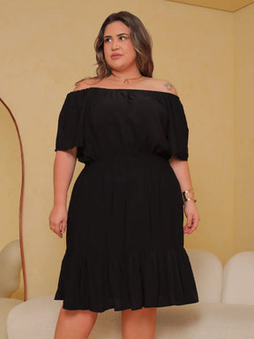 Vestido Curto Acinturado Manga Ombro Á Plus Size Paula