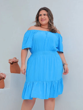 Vestido Curto Acinturado Manga Ombro Á Plus Size Paula