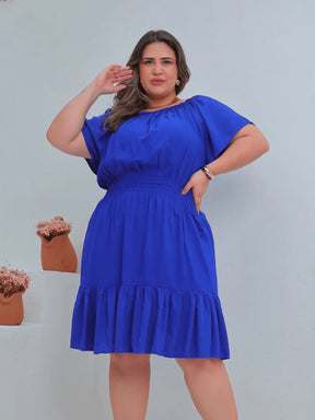 Vestido Curto Acinturado Manga Ombro Á Plus Size Paula