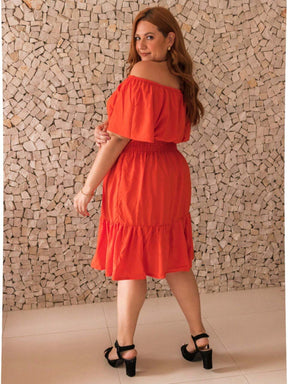 Vestido Curto Acinturado Manga Ombro Á Plus Size Paula