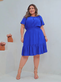 Vestido Curto Acinturado Manga Ombro Á Plus Size Paula Azul Royal / M