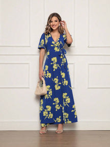 Vestido Longo Estampado Com Detalhe Transpassado Vanessa Azul Royal / P