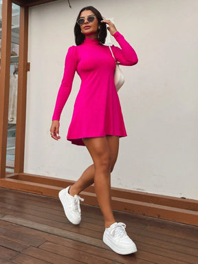 Vestido Curto Manga Longa Com Gola Alta Olívia Pink / P
