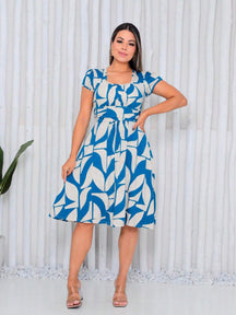 Vestido Mídi Gola Quadrada Estampado Cecília Azul / P