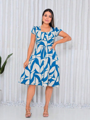 Vestido Mídi Gola Quadrada Estampado Cecília Azul / P