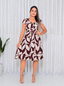 Vestido Mídi Gola Quadrada Estampado Cecília Vinho / P