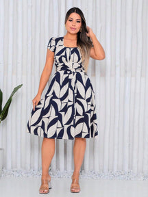 Vestido Mídi Gola Quadrada Estampado Cecília Azul Marinho / P