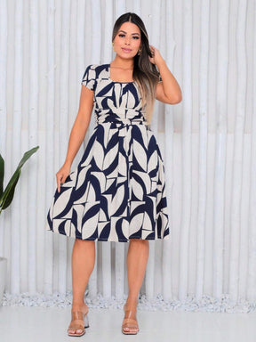Vestido Mídi Gola Quadrada Estampado Cecília Azul Marinho / P