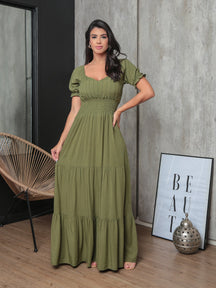 Vestido Longo Com Manga Bufante Emily Verde Militar / P Vestidos Maxi Femininos