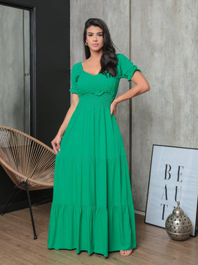 Vestido Longo Com Manga Bufante Emily Verde Oliva / P Vestidos Maxi Femininos