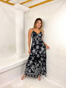 Vestido Longo Franzido Estampado Esther Preto E Branco / P