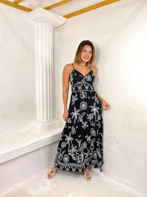 Vestido Longo Franzido Estampado Esther Preto E Branco / P