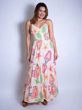 Vestido Longo Franzido Estampado Esther