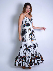 Vestido Longo Franzido Estampado Esther Cinza / P