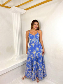 Vestido Longo Franzido Estampado Esther Azul Empoeirado / P