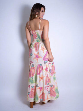 Vestido Longo Franzido Estampado Esther