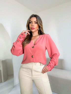 Camisa Manga Longa Decote Em V Com Botão Cristina