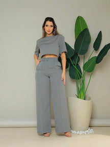 Conjunto Cropped Manga Curta E Calça Pantalona Regina Cinza / P