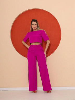 Conjunto Cropped Manga Curta E Calça Pantalona Regina Fúcsia / P