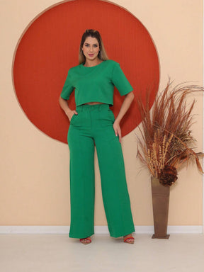 Conjunto Cropped Manga Curta E Calça Pantalona Regina Verde / P