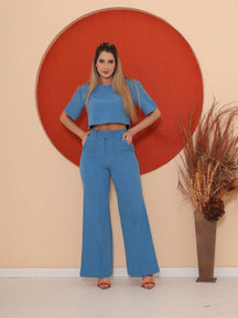 Conjunto Cropped Manga Curta E Calça Pantalona Regina Azul / P